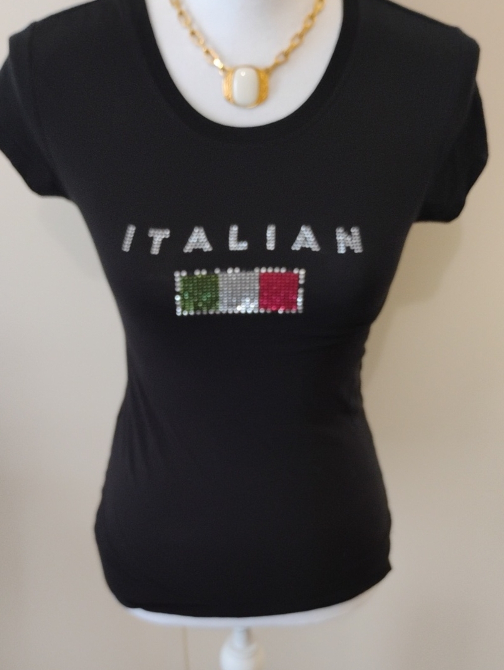 Black Short-Sleeve 'Italian' Rhinestone Flag Tee